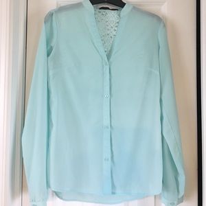 Sky blue sheer button up with eyelet back